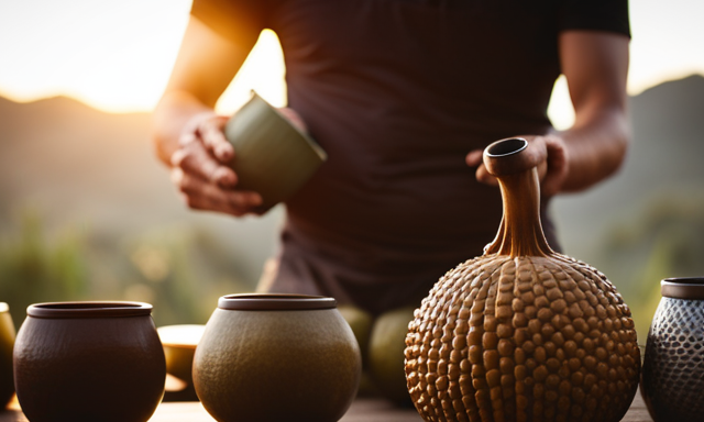 An image showcasing a person holding a traditional gourd filled with yerba mate, surrounded by various sized cups representing different serving amounts