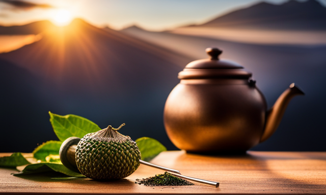 An image of a wooden table, with a traditional gourd filled halfway with vibrant green yerba mate, accompanied by a delicate metal straw, surrounded by fresh, aromatic yerba mate leaves and a steaming kettle in the background
