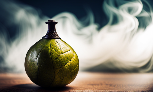 An image showcasing a traditional gourd filled with precisely measured yerba mate leaves, perfectly surrounded by a steamy vapor