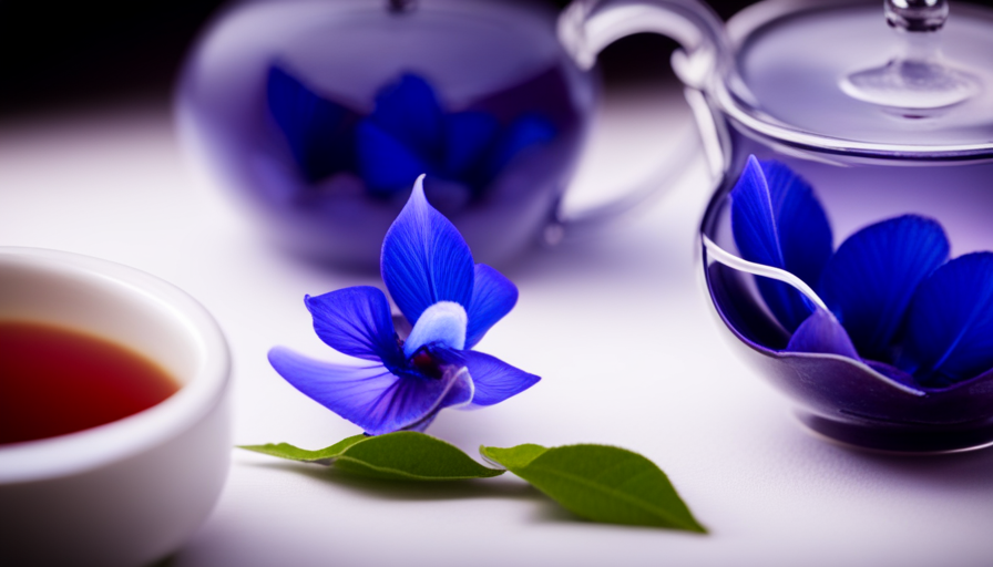 An image showcasing a vibrant tea set filled with steaming cups of mesmerizing blue Butterfly Pea Flower Tea