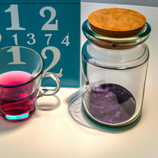 An image of a serene and inviting kitchen counter with a glass jar filled with vibrant herbal tea concentrate, surrounded by a variety of delicate teacups and a timer, symbolizing the question of how frequently one can indulge in this delightful beverage
