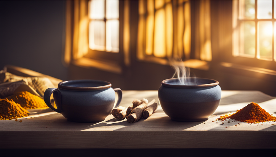 An image showcasing a tranquil scene of a cozy kitchen, with a steamy cup of turmeric and ginger tea displayed on a wooden table