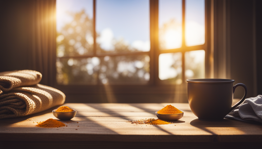 An image showcasing a tranquil scene of a cozy kitchen, with a steamy cup of turmeric and ginger tea displayed on a wooden table