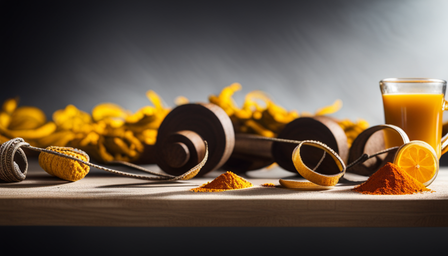 An image showcasing a serene morning scene with a wooden table adorned with a cup of steaming turmeric tea, surrounded by fresh turmeric roots, lemon slices, and a tape measure, symbolizing the topic of weight loss