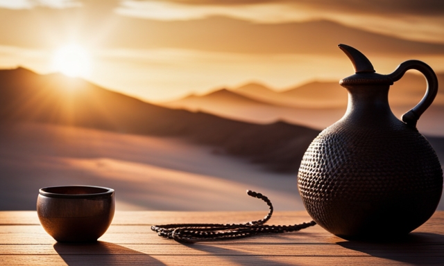 An image featuring a serene, sun-drenched patio with a traditional gourd and bombilla set, displaying a filled Yerba Mate cup alongside a calendar subtly marked with varied drinking intervals, encouraging a mindful approach