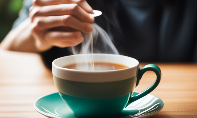 An image showcasing a serene, sun-drenched setting with a person peacefully sipping a steaming cup of oolong green tea