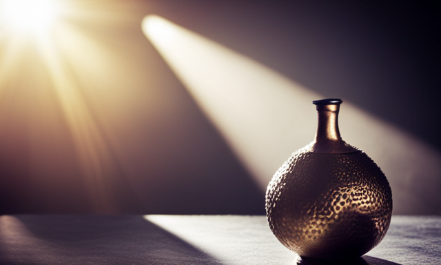 An image showcasing the art of brewing yerba mate: a gourd filled with steaming water, a bombilla submerged in the herb-infused liquid, sunlight casting shadows of leaves on the table