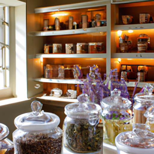 An image showcasing a serene, sunlit room adorned with shelves lined with glass jars filled with vibrant, aromatic herbs and botanicals