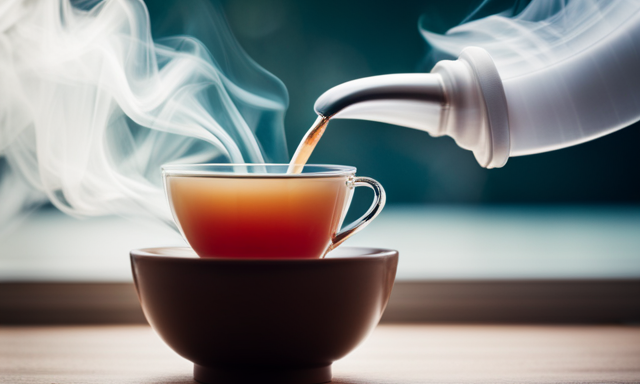 An image showcasing the serene process of brewing Bigelow Oolong Tea: A steaming teapot gently pouring tea into a delicate porcelain cup, while wisps of fragrant steam dance above, inviting a moment of tranquility