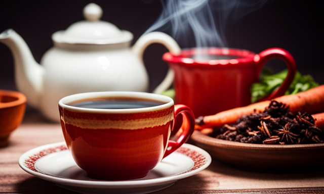 An image showcasing a cozy kitchen scene with a rustic teapot pouring deep red, aromatic Carrot Cake Rooibos into delicate floral teacups, surrounded by fresh carrots, cinnamon sticks, and fragrant spices