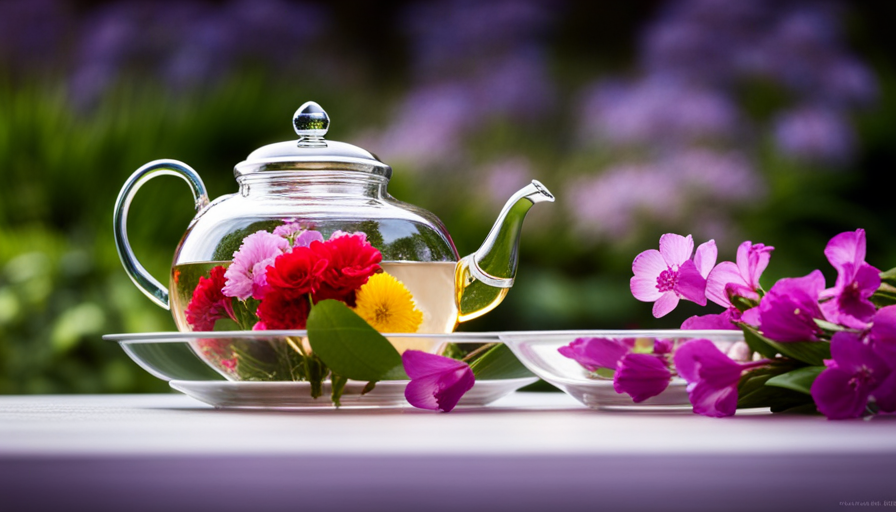 An image showcasing a serene and vibrant setting: a delicate glass teapot filled with blooming flowers, gently releasing their vibrant hues into a steamy infusion, surrounded by a tray of fresh petals and a serene backdrop of lush greenery