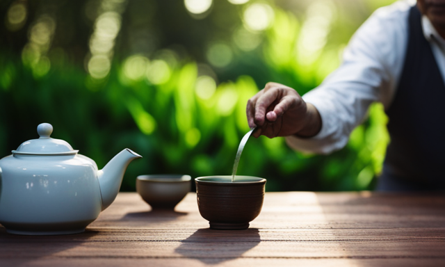 An image showcasing a serene, sunlit tea garden in Fujian, China, with a skilled tea master gently plucking delicate tea leaves, while a traditional clay teapot rests on a wooden table nearby