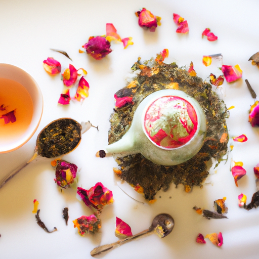 An image of a serene kitchen scene: a delicate porcelain teapot filled with vibrant rose petals, surrounded by an assortment of dried herbs, an infuser spoon, and a steaming cup of herbal tea, emanating a soothing aroma