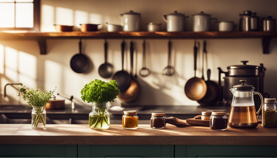 An image of a serene, sunlit kitchen with a rustic wooden countertop adorned with an array of vibrant, aromatic herbs in glass jars