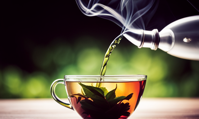 An image capturing the serene moment of a transparent glass teapot pouring hot water over delicate jasmine and oolong tea leaves, releasing their aromatic steam and creating a mesmerizing swirl of colors