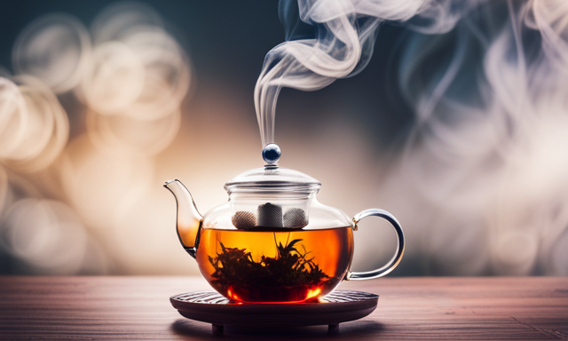 An image showcasing a serene scene of a glass teapot with steam rising, filled with vibrant oolong tea leaves unfurling in hot water