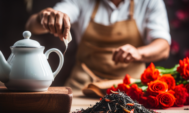 An image capturing the serene ritual of brewing Trader Joe's Vanilla and Rooibos tea: a delicate hand placing a tea bag into a steaming, ceramic teapot next to a vibrant bouquet of fresh vanilla pods and rooibos leaves