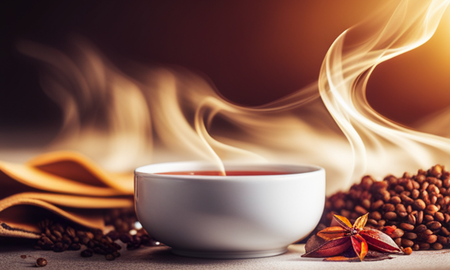 -up image showcasing a steaming cup of rich, amber-hued Vanilla Nut Rooibos tea, adorned with fragrant vanilla beans, crushed nuts, and delicate red rooibos leaves floating on the surface