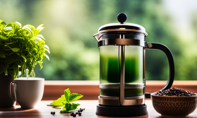 An image showcasing a French press filled with vibrant green yerba mate leaves, surrounded by steam rising from the hot water pouring over them