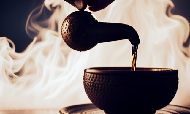 An image showcasing the intricate ritual of brewing yerba mate: a gourd filled with steeping leaves, a bombilla poised to sip, wisps of steam floating, and hands gently pouring hot water