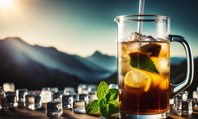An image featuring a spacious glass pitcher filled with freshly brewed yerba mate, surrounded by a multitude of ice cubes, lemon slices, and sprigs of mint, showcasing the refreshing process of cold brewing mate in large batches