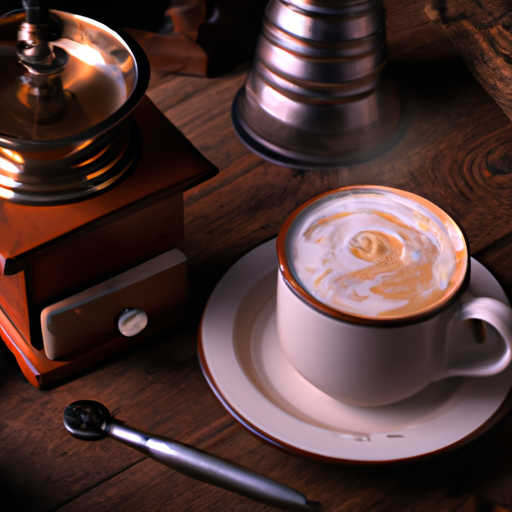 An image showcasing a steaming cup of aromatic chicory root coffee, adorned with a frothy layer of creamy milk, delicately swirling into intricate patterns, served on a wooden table with freshly roasted chicory roots and a vintage coffee grinder nearby