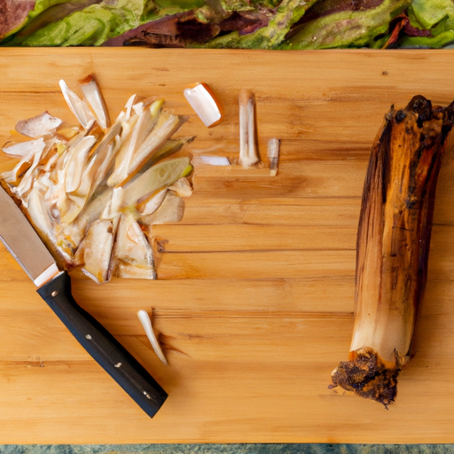 An image of a rustic kitchen countertop with a wooden cutting board showcasing the process of peeling and slicing chicory root
