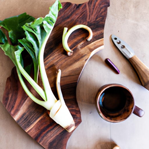 An image showcasing a rustic, wooden cutting board adorned with freshly harvested chicory roots