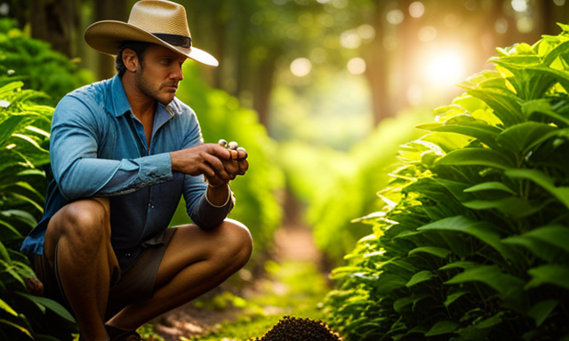 An image showcasing the art of cultivating yerba mate: A sunlit plantation, with rows of vibrant green yerba mate plants neatly aligned, surrounded by a rustic wooden fence and a farmer carefully tending to the leaves