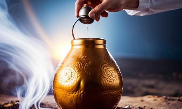 An image of a hand gently holding a Yerba Mate gourd with a warm, golden liquid pouring into it from a thermos
