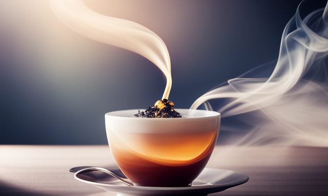 An image depicting the exquisite allure of Oolong tea: a delicate, amber-hued infusion cascading into a porcelain cup, wisps of steam swirling around, revealing the tea's intricate flavor and captivating aroma