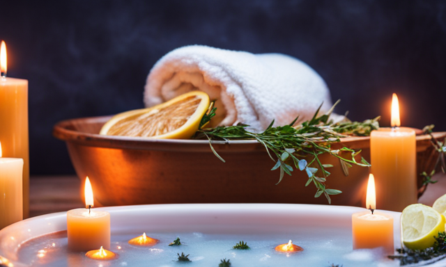 An image showcasing a serene bathroom scene: a clawfoot bathtub filled with warm water infused with Rooibos Tea, surrounded by flickering candles, a plush towel, and a tray of sliced lemons and fresh herbs