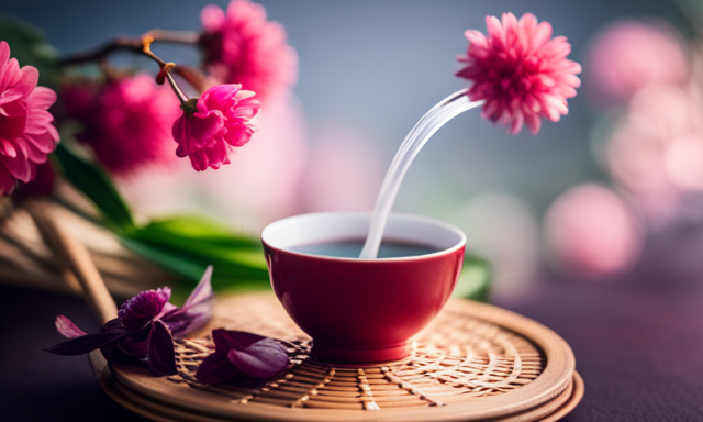 An image that showcases a serene tea ceremony scene: a delicate porcelain teapot pouring steaming, fragrant oolong tea into a dainty floral teacup, surrounded by fresh tea leaves and vibrant, sliced fruits on a bamboo tray