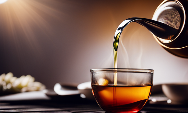 An image showcasing a serene Japanese tea ceremony: a traditional tea set on a bamboo mat, a delicate oolong tea infusing in a transparent glass teapot, steam gently rising, while a hand gracefully pours the amber-colored tea into a small cup