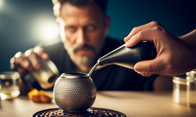An image capturing a clean, well-lit space with a person gently pouring yerba mate from a gourd into a bombilla, showcasing the use of a fine mesh strainer to prevent any dust particles from entering the drink