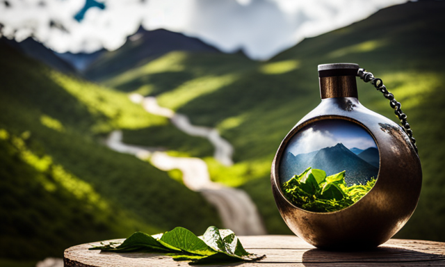 An image capturing a rustic wooden gourd filled with vibrant green yerba mate leaves, adorned with a silver bombilla, gently immersed in hot water, emanating steam, surrounded by lush South American landscapes