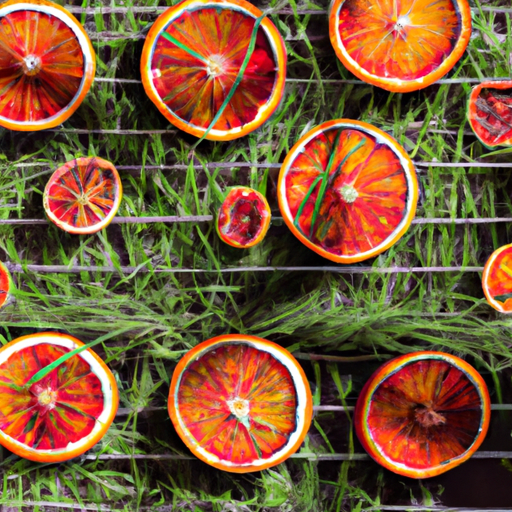 An image showcasing blood oranges sliced into thin rounds, meticulously arranged on a wire rack beneath the warm sun, surrounded by vibrant green herbs, evoking the essence of drying blood oranges for herbal tea