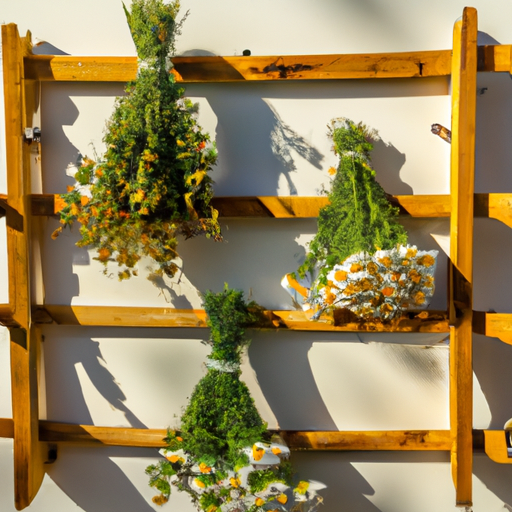An image that showcases a rustic wooden drying rack adorned with vibrant bundles of freshly harvested chamomile, lavender, and mint leaves