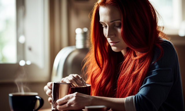 An image showcasing a vibrant, red-haired individual sitting in a cozy, sunlit room, surrounded by steaming cups of brewed rooibos tea, while expertly applying the tea-infused dye to their hair