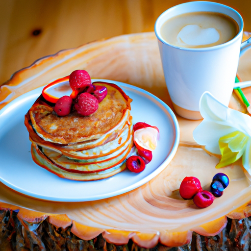 An image showcasing a stylishly arranged breakfast table with a chicory root latte served in a delicate porcelain cup, a stack of chicory-infused pancakes adorned with fresh berries, and a rustic wooden board displaying the root's natural form and texture