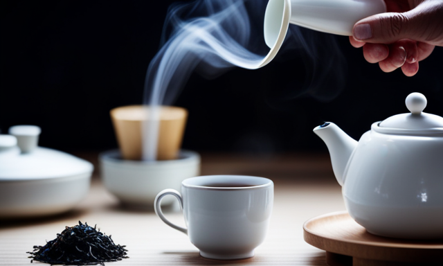 An image depicting a serene, minimalist tea room with a steaming kettle, delicate porcelain tea set, and a skilled hand gently unrolling an oolong tea leaf, showcasing the process of fixing oolong tea