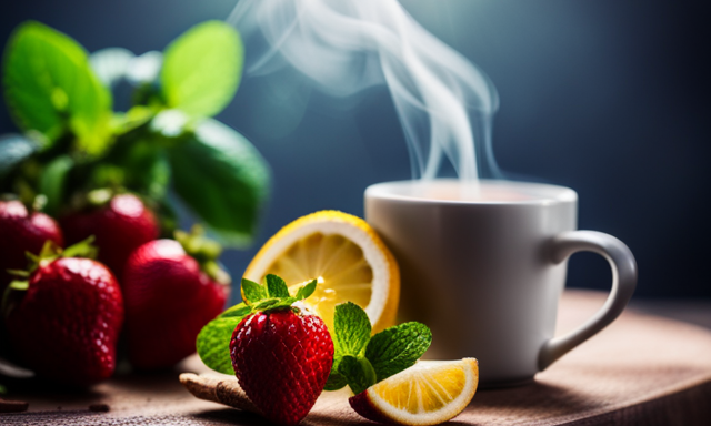 An image showcasing a vibrant array of ingredients like lemon slices, fresh mint leaves, ginger chunks, and juicy strawberries, arranged around a steaming cup of yerba mate, inspiring readers to experiment with flavor combinations
