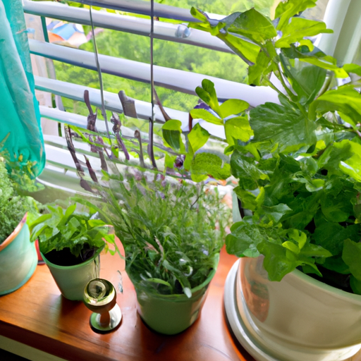 an image of a sun-drenched kitchen windowsill adorned with an array of vibrant potted herbs, including chamomile, lavender, and mint