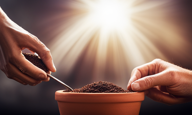 An image showcasing a pair of skilled hands gently sowing tiny Rooibos seeds into rich, dark soil within a terracotta pot