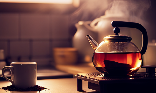 An image showcasing a serene kitchen scene with a kettle on a stove, emitting gentle steam, as a tea infuser filled with vibrant red Rooibos tea leaves waits patiently, bathed in warm, golden light