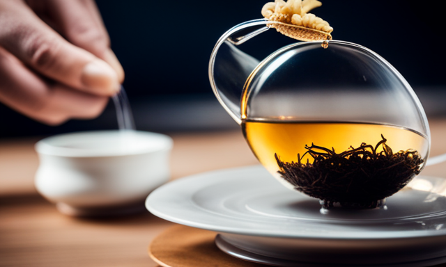 An image showcasing a serene tea ceremony: a gently simmering pot of golden King Oolong tea, delicate tea leaves unfurling in the transparent glass teapot, and a graceful hand pouring the amber liquid into a porcelain cup