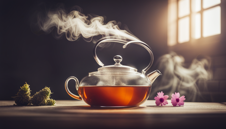 An image showcasing a serene kitchen scene with a steaming teapot pouring a rich amber liquid into a delicate teacup, while a whole cannabis flower floats gently in the brew