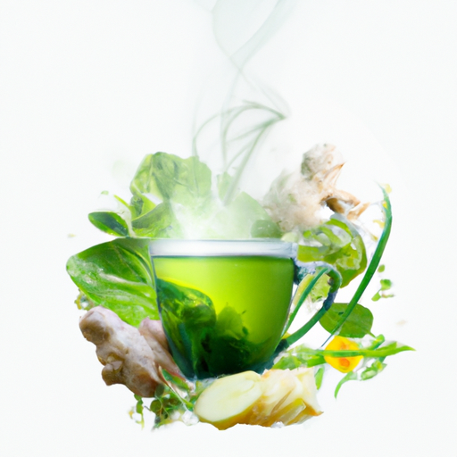 An image showcasing a steaming cup of herbal detox tea, with vibrant green hues and delicate wisps of steam rising from the mug