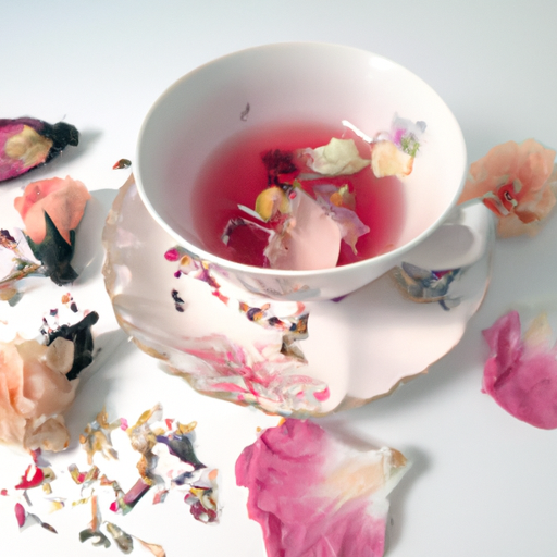 An image featuring a delicate porcelain teacup adorned with vibrant pink rose petals, surrounded by a medley of dried hibiscus, chamomile, and lavender flowers, capturing the essence of crafting a delightful pink herbal tea