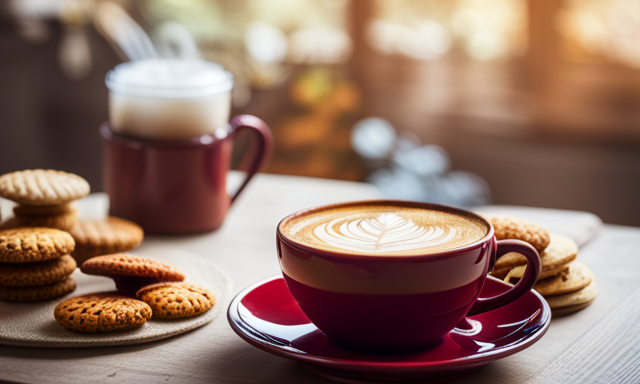 An image showcasing a serene kitchen scene: a steaming cup of creamy rooibos latte adorned with frothy milk art, accompanied by a plate of delectable biscuits, surrounded by a cozy ambiance of soft natural light and hints of warm autumn colors